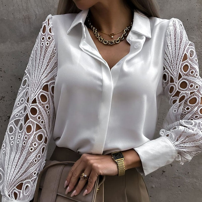 Kinsley™ | Satin Blouse with Lace Sleeves
